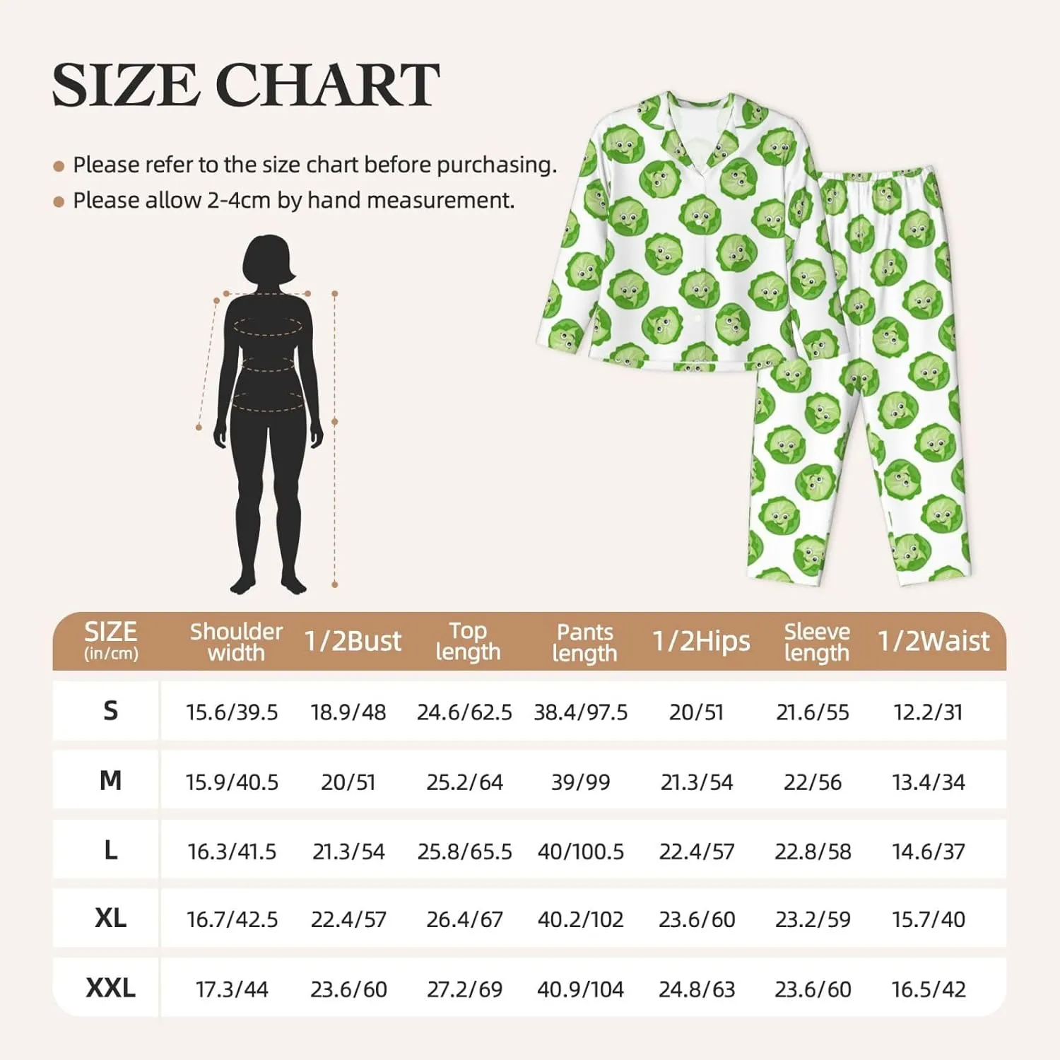 2 Piece Womens Pajama Sets, bright cabbage cute eyes funny Comfy Pajamas Long Pj Lounge Sets Sleepwear with Pockets
