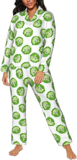 2 Piece Womens Pajama Sets, bright cabbage cute eyes funny Comfy Pajamas Long Pj Lounge Sets Sleepwear with Pockets