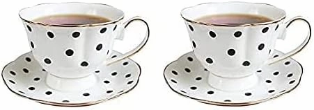 200ml Vintage Style Black and White Polka Dot Striped Bone China European Style Gold Rimmed Coffee Cup and Saucer Set Ins Photo Afternoon Tea Birthday Party Gifts (2 X Polka Dot)