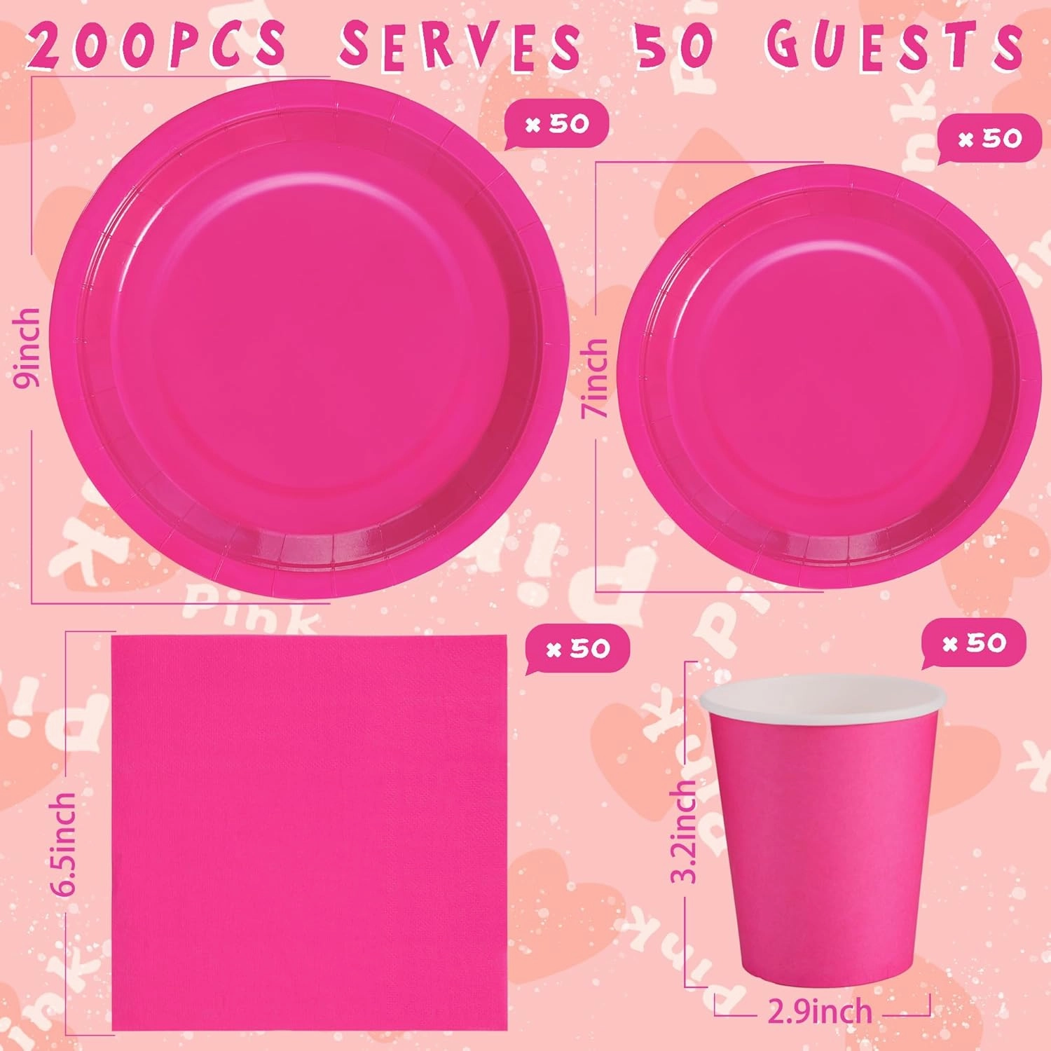 200PCS Disposable Party Decoration Set, Pink Plates, Napkins for 50, Birthday Girl Party Supplies