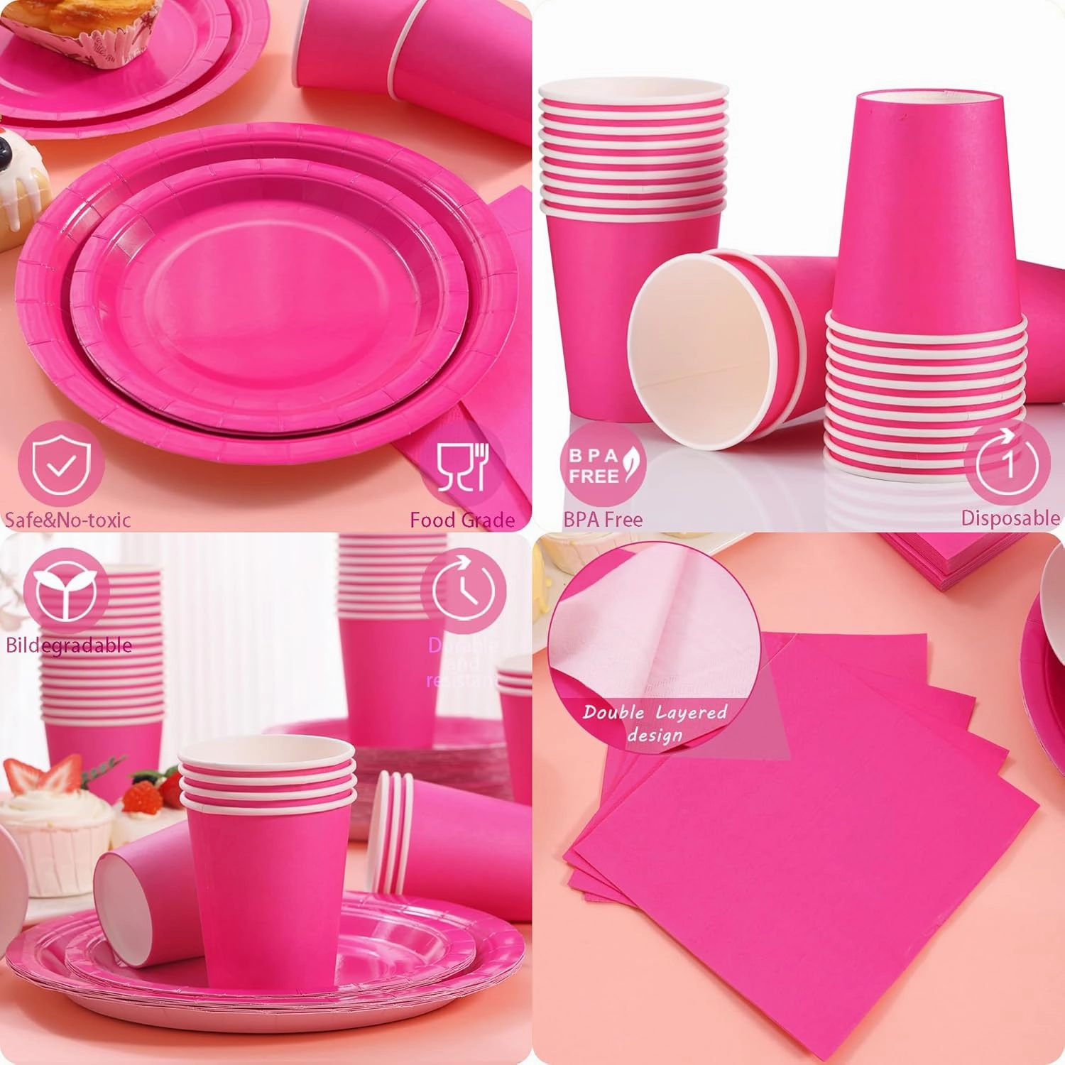 200PCS Disposable Party Decoration Set, Pink Plates, Napkins for 50, Birthday Girl Party Supplies