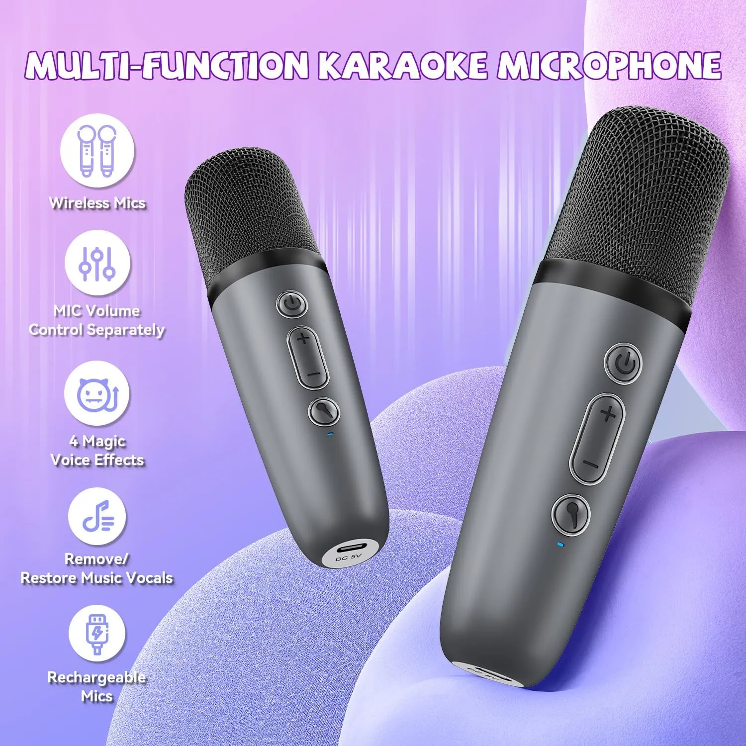 【2025 Newest】 Mini Karaoke Machine for Kids Girls & Boys - Portable Bluetooth Speaker with 2 Wireless Microphones - Kids Birthday Gifts for Ages 4-10 - Kids' Instrument Accessories - Space Gray
