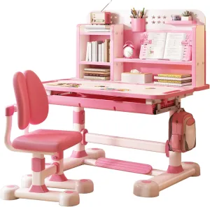 2025 Upgrade Kid's Study Table & Chair Sets, Height Adjustable Children's Desk Set with Bookshelf And Storage Drawer, 50-Degree Tiltable Desktop Study Table with Chair for Bedroom Study Room (Pink B)