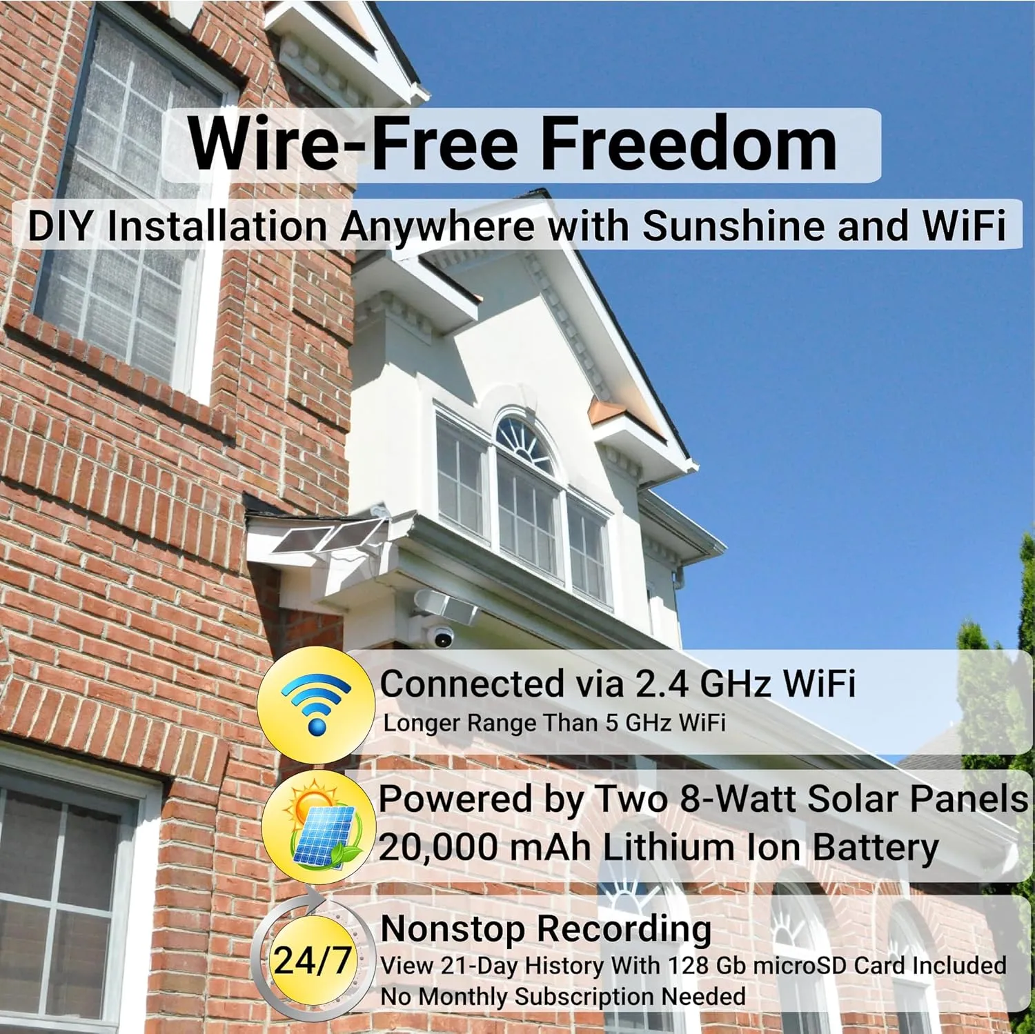 24/7 Recording Solar Floodlight Security Camera Wireless Outdoor, Motion-Activated Alert/2000lm Floodlight/105dB Siren, 360° Pan/Tilt, 2K, Live View/Talk, WiFi, No Monthly Fee, 128 GB SD Card