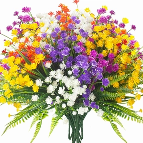 24 Bundles Artificial Flowers for Outdoor Decoration UV Resistant Fake Plastic Plants Faux Boston Fern Artificial Greenery for Summer Indoor Outdoor Garden Patio Window Box Kitchen Home Decor