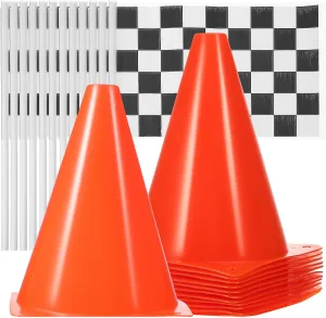 24pcs Traffic Cones and Racing Checkered Flags for For Race Car Birthday Party Supplies, Racing Themed Party