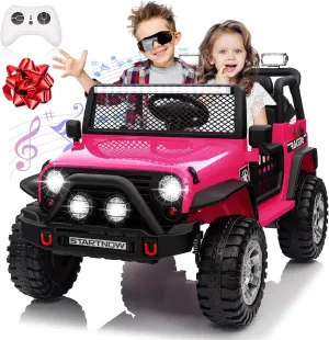 24V 4WD Ride on Truck Car w/800W Motors, Gift Flower, Remote Control, 2 Seaters, Light Bar, 3 Speeds, Pop Music, Power Four Wheels, 24 Volt Ride on Toy Car for Big Kids, Rose Red