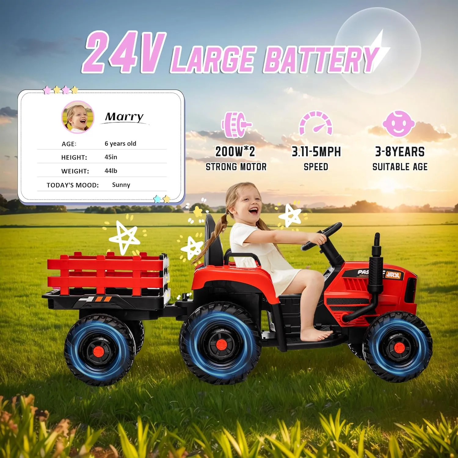 24V Ride on Toy for Big Kids, 24V Ride on Tractor w/Remote Control, 400W Motor, Kids Electric Vehicles Ride On Tractor Car for Ages 3 , USB, LED Light, Bluetooth, 3 Speed Adjustable (Red)