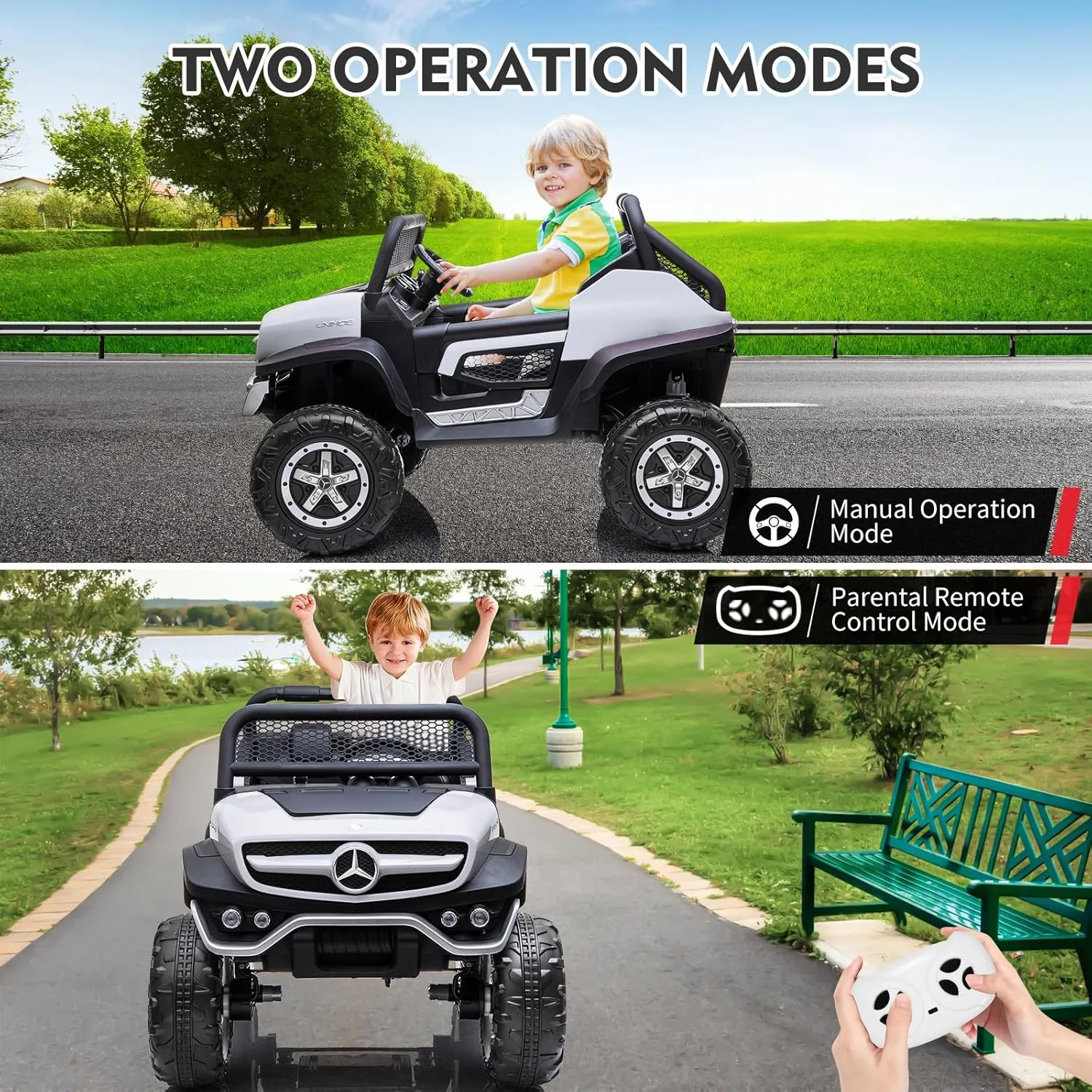 24V Ride On Truck Car for Kids 2 Seater Licensed Mercedes Benz Toddlers Electric Car Ride On Toy with Remote Control, Trunk, Battery Display, Spring Suspension, Led Lights, USB & Music, White