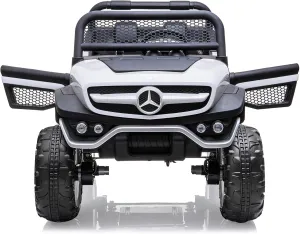 24V Ride On Truck Car for Kids 2 Seater Licensed Mercedes Benz Toddlers Electric Car Ride On Toy with Remote Control, Trunk, Battery Display, Spring Suspension, Led Lights, USB & Music, White