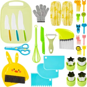 29 Pieces Kids Knife Set for Real Cooking, Toddler Knife Set for Real Cooking with Plastic Kids Knife Crinkle Cutter Kids Cutting Board, Kids Cutting Board and Knife Set for Little Girl Boy Age 3
