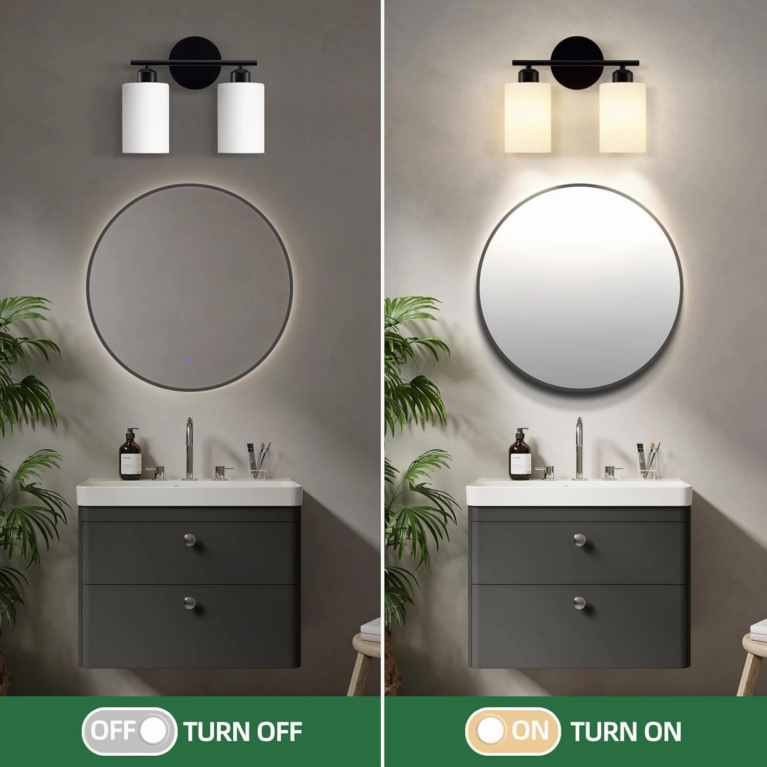 2-Light Bathroom Light Fixtures, Black Modern Vanity Lights with Milky White Frosted Glass Shades, Bathroom Wall Lamp for Kitchen Living Room Hallway