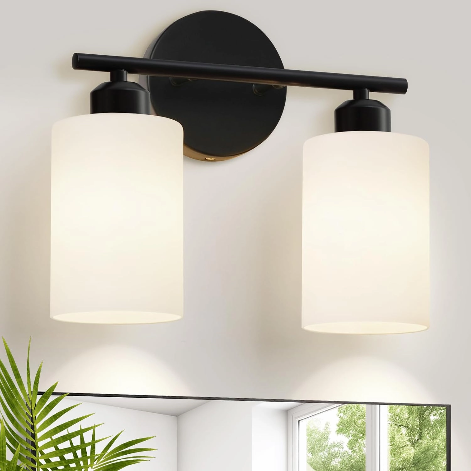 2-Light Bathroom Light Fixtures, Black Modern Vanity Lights with Milky White Frosted Glass Shades, Bathroom Wall Lamp for Kitchen Living Room Hallway