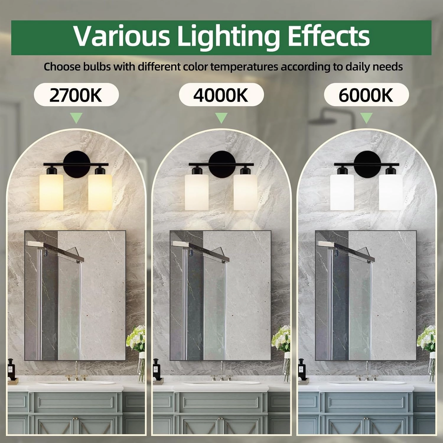 2-Light Bathroom Light Fixtures, Black Modern Vanity Lights with Milky White Frosted Glass Shades, Bathroom Wall Lamp for Kitchen Living Room Hallway