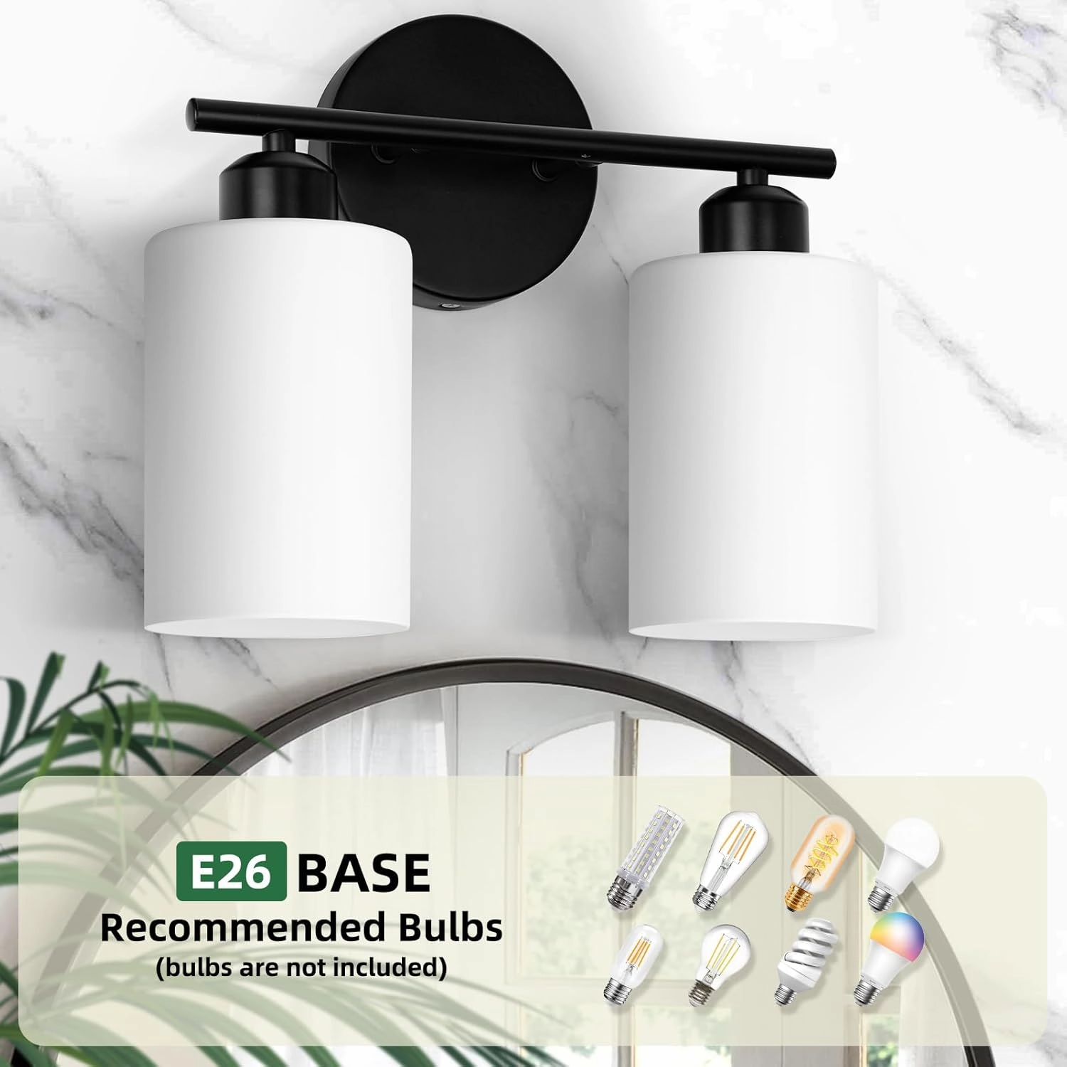 2-Light Bathroom Light Fixtures, Black Modern Vanity Lights with Milky White Frosted Glass Shades, Bathroom Wall Lamp for Kitchen Living Room Hallway