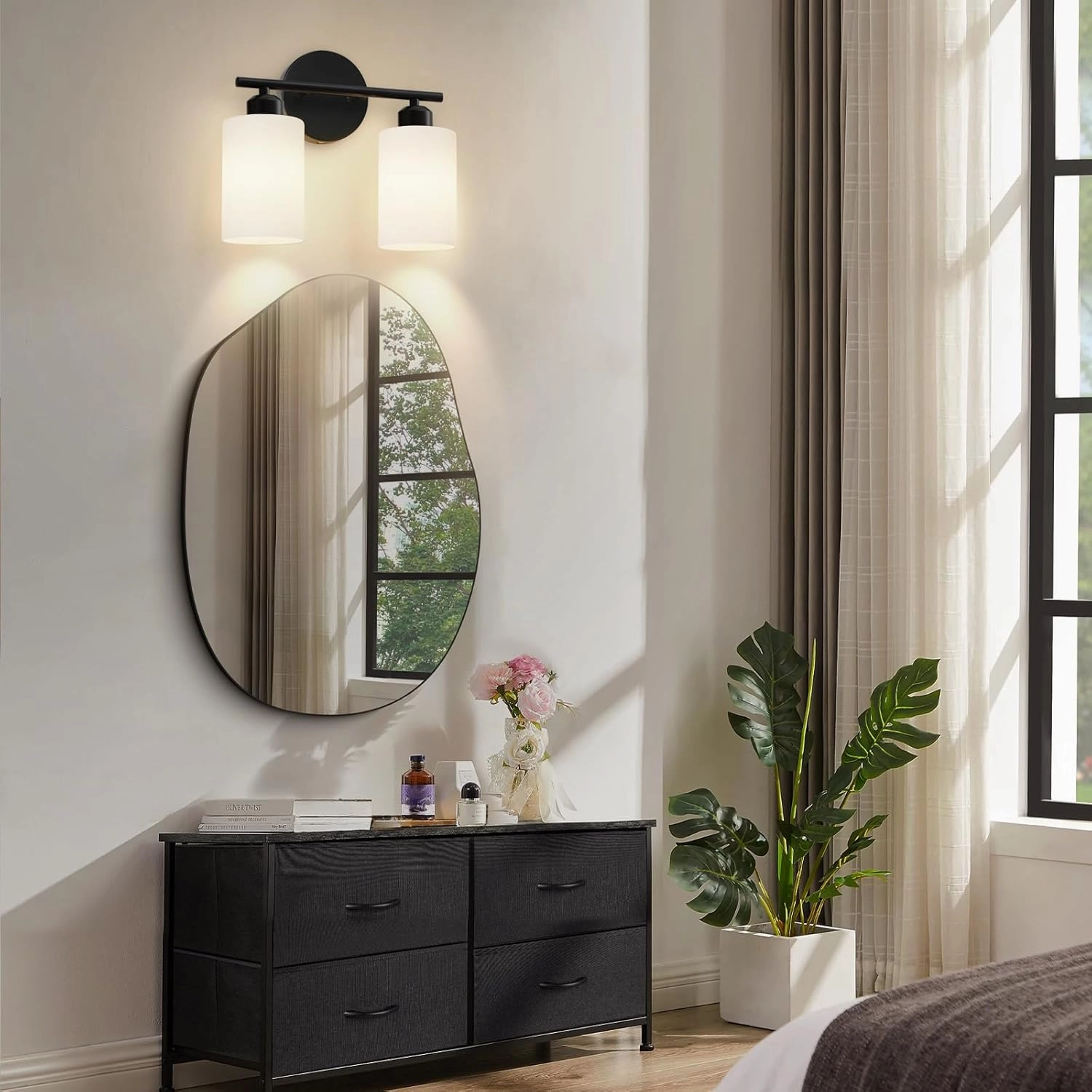 2-Light Bathroom Light Fixtures, Black Modern Vanity Lights with Milky White Frosted Glass Shades, Bathroom Wall Lamp for Kitchen Living Room Hallway