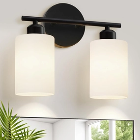 2-Light Bathroom Light Fixtures, Black Modern Vanity Lights with Milky White Frosted Glass Shades, Bathroom Wall Lamp for Kitchen Living Room Hallway