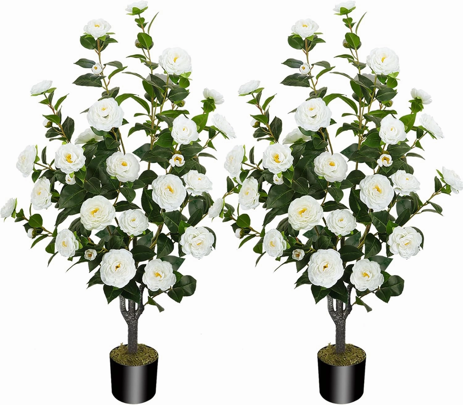 2 Pack 43.3"/3.6FT Artificial Camellia Tree Fake Outdoor Tree with 32 Blooming Flowers White Tree for Home Front Door Winter Christmas Indoor Decor (Including Dried Moss)
