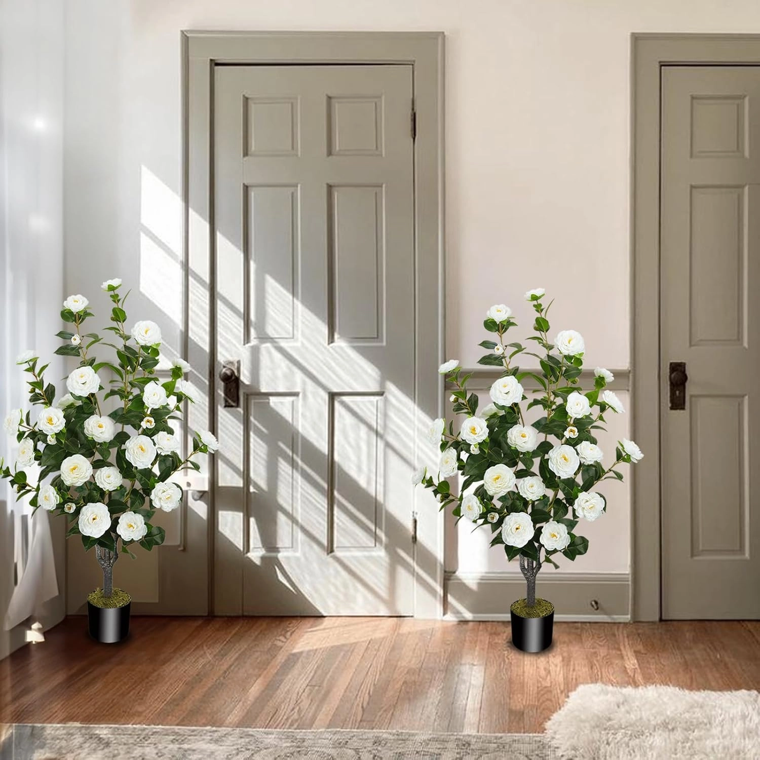 2 Pack 43.3"/3.6FT Artificial Camellia Tree Fake Outdoor Tree with 32 Blooming Flowers White Tree for Home Front Door Winter Christmas Indoor Decor (Including Dried Moss)