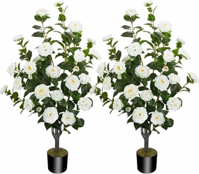 2 Pack 43.3"/3.6FT Artificial Camellia Tree Fake Outdoor Tree with 32 Blooming Flowers White Tree for Home Front Door Winter Christmas Indoor Decor (Including Dried Moss)