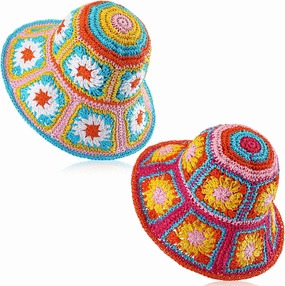 2 Pack Bohemian Straw Bucket Hat Floppy Foldable Floral Beach Hat Crochet Women's Sun Hats Wide Brim Fishing Hats Packable Summer Caps for Vacation Traveling Yellow