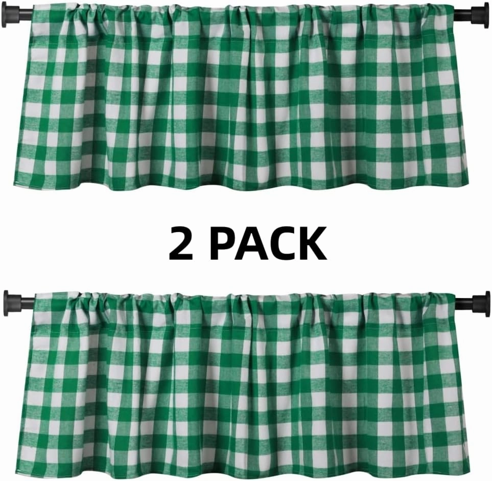 2 Pack Buffalo Check Plaid Cotton Window Valances Green and White Farmhouse Design Window Treatment Decor Curtains Rod Pocket Valances for Kitchen/Living Room 16" x 56" (Green and White)