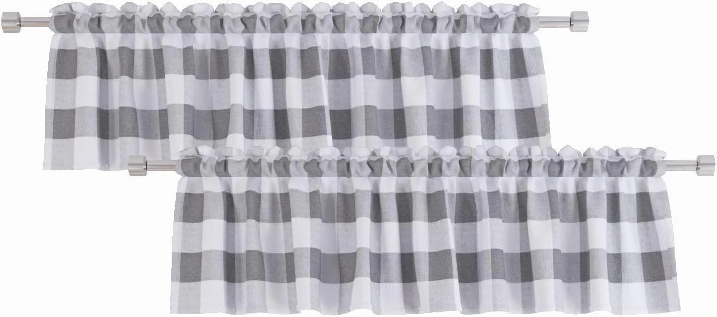 2 Pack Buffalo Check Valances for Windows Living Room 18 inches Long Classic Gingham Plaid Bedroom Bathroom Rod Pocket Country Farmhouse Kitchen Window Curtain Valances - 54"x18" Grey & White