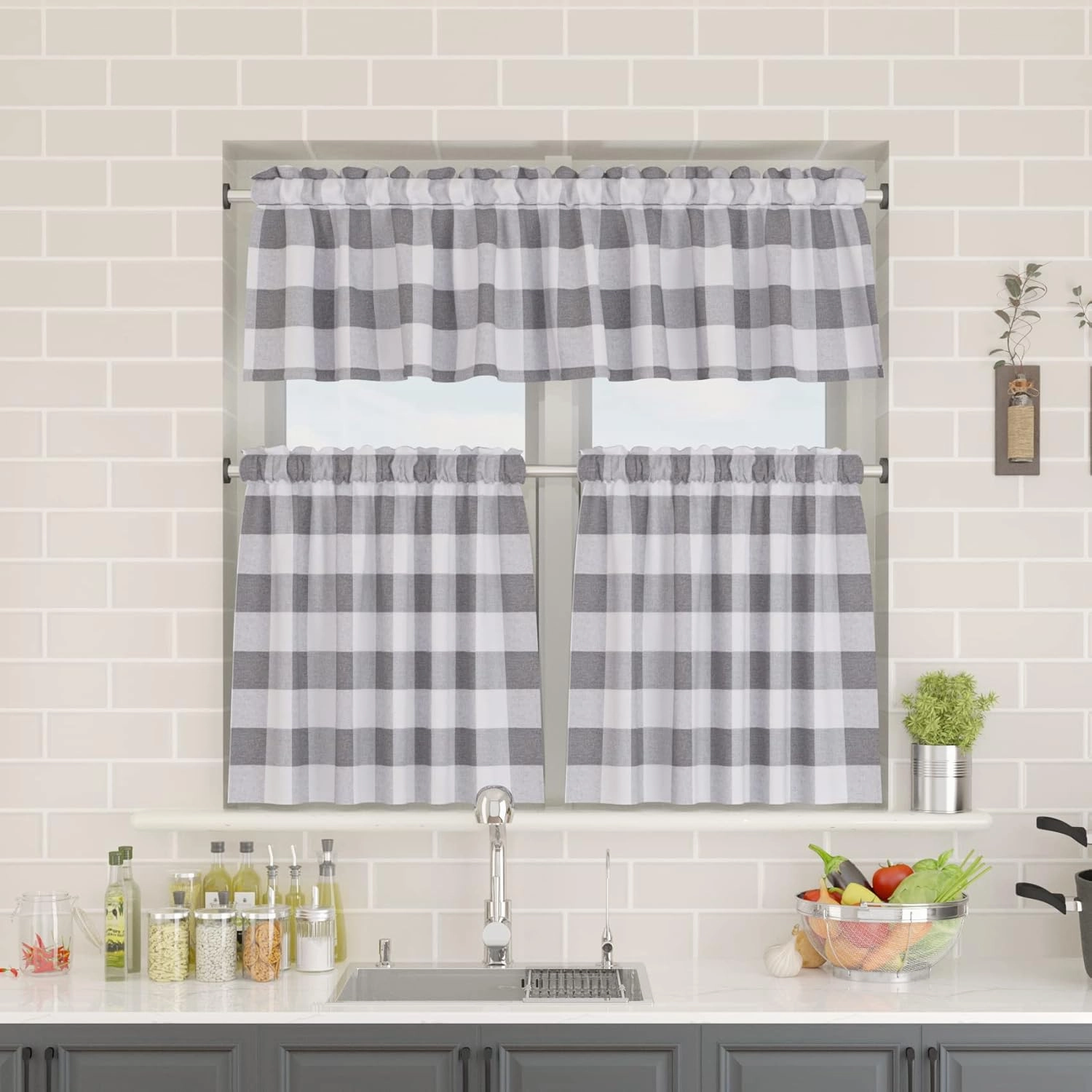 2 Pack Buffalo Check Valances for Windows Living Room 18 inches Long Classic Gingham Plaid Bedroom Bathroom Rod Pocket Country Farmhouse Kitchen Window Curtain Valances - 54"x18" Grey & White
