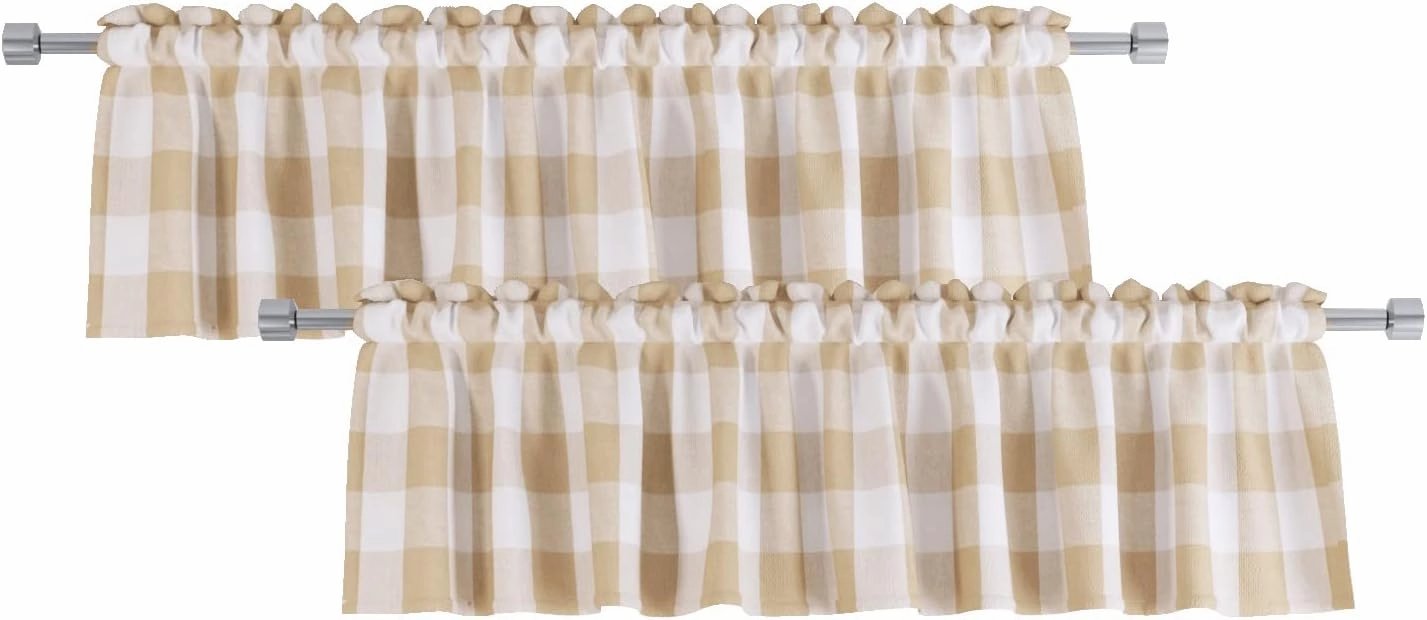 2 Pack Buffalo Check Valances Gingham Plaid Window Treatment Living Room 18 inches Long Classic Bedroom Bathroom Rod Pocket Country Farmhouse Kitchen Window Curtain Valances - 54"x18" Beige & White
