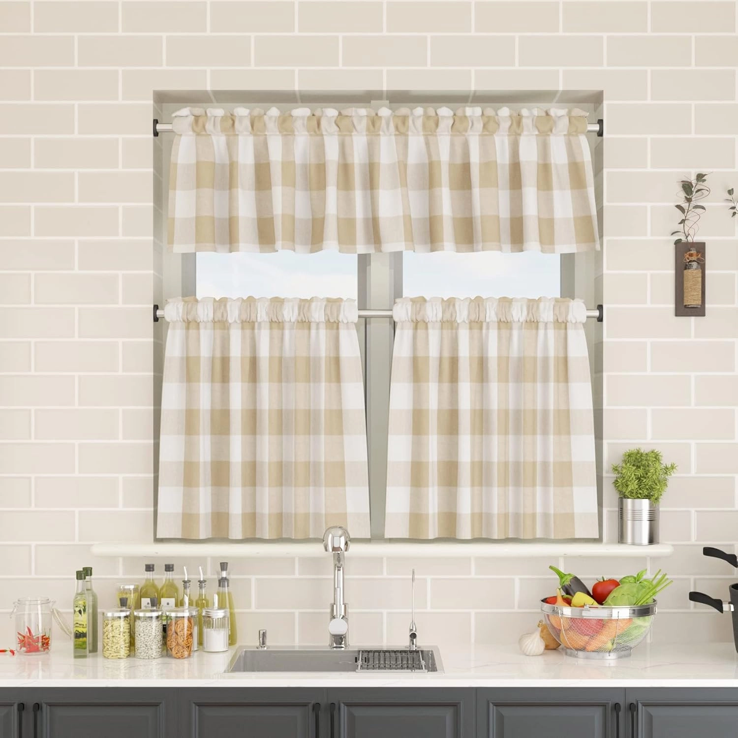2 Pack Buffalo Check Valances Gingham Plaid Window Treatment Living Room 18 inches Long Classic Bedroom Bathroom Rod Pocket Country Farmhouse Kitchen Window Curtain Valances - 54"x18" Beige & White