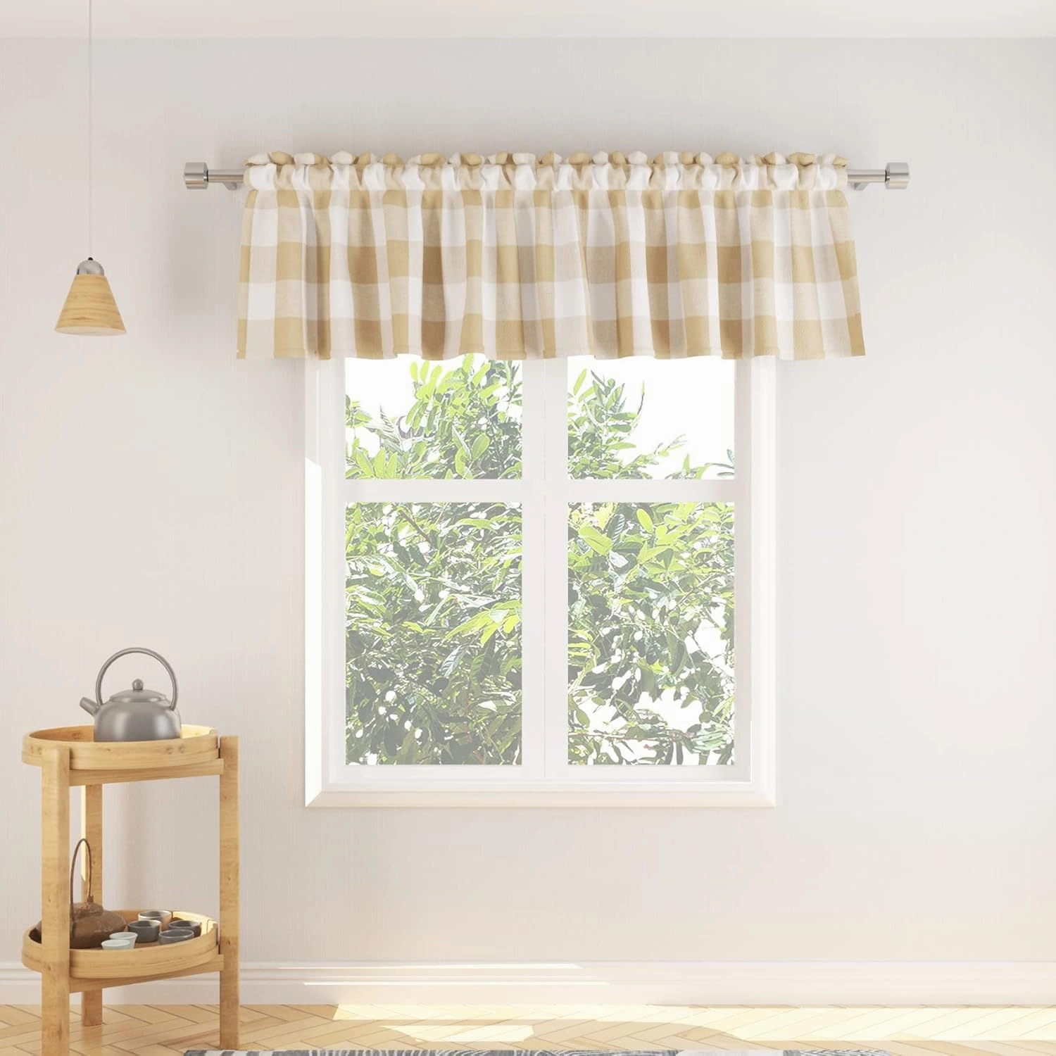 2 Pack Buffalo Check Valances Gingham Plaid Window Treatment Living Room 18 inches Long Classic Bedroom Bathroom Rod Pocket Country Farmhouse Kitchen Window Curtain Valances - 54"x18" Beige & White