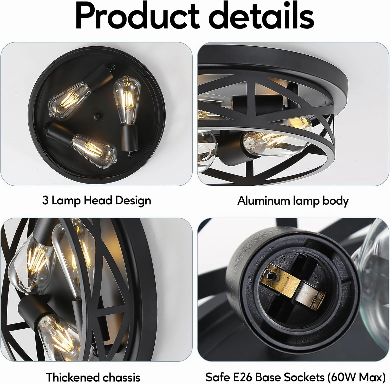 2 Pack Cage Ceiling Light Fixtures, 3-Light Farmhouse Close to Ceiling Lights with Metal, 13 Inch Vintage Ceiling Light for House Indoor Living Room, Kitchen, Entryway and Foyer, Black