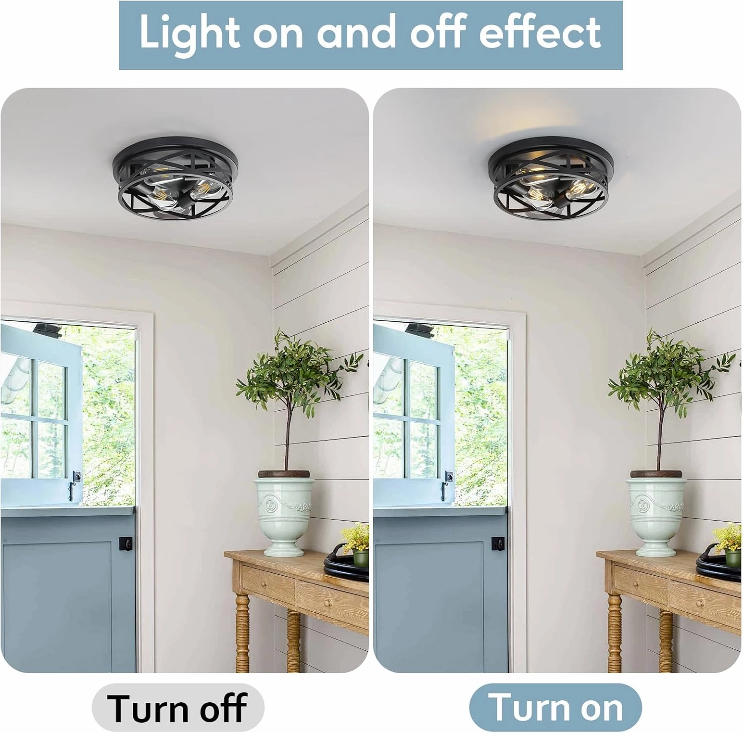 2 Pack Cage Ceiling Light Fixtures, 3-Light Farmhouse Close to Ceiling Lights with Metal, 13 Inch Vintage Ceiling Light for House Indoor Living Room, Kitchen, Entryway and Foyer, Black