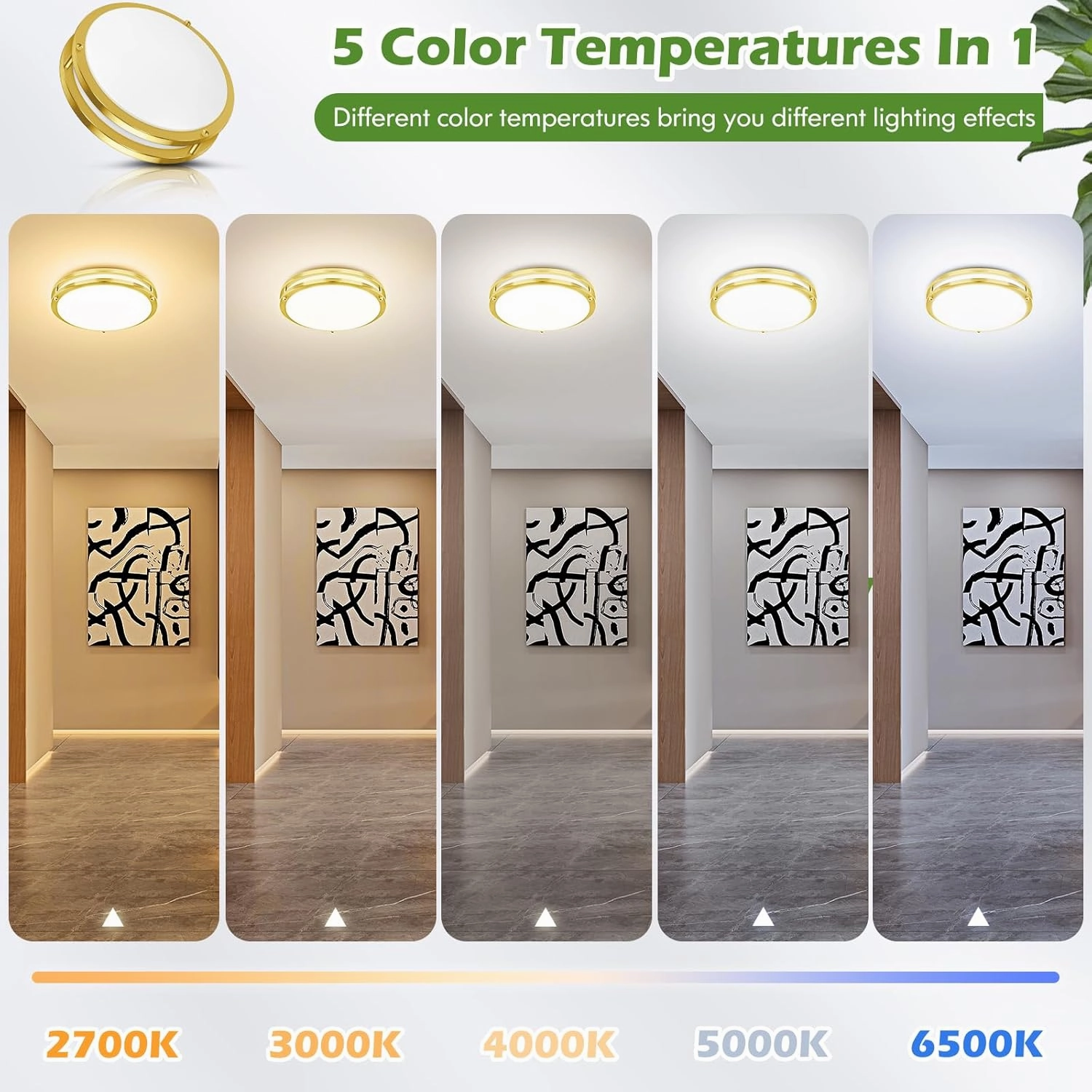 2-Pack Gold Flush Mount LED Ceiling Light Fixture, 12IN 2700K/3000K/3500K/4000K/5000K Adjustable Ceiling Lights, 3600lm Super Bright Dimmable Lighting for Bedroom Hallway Kitchen