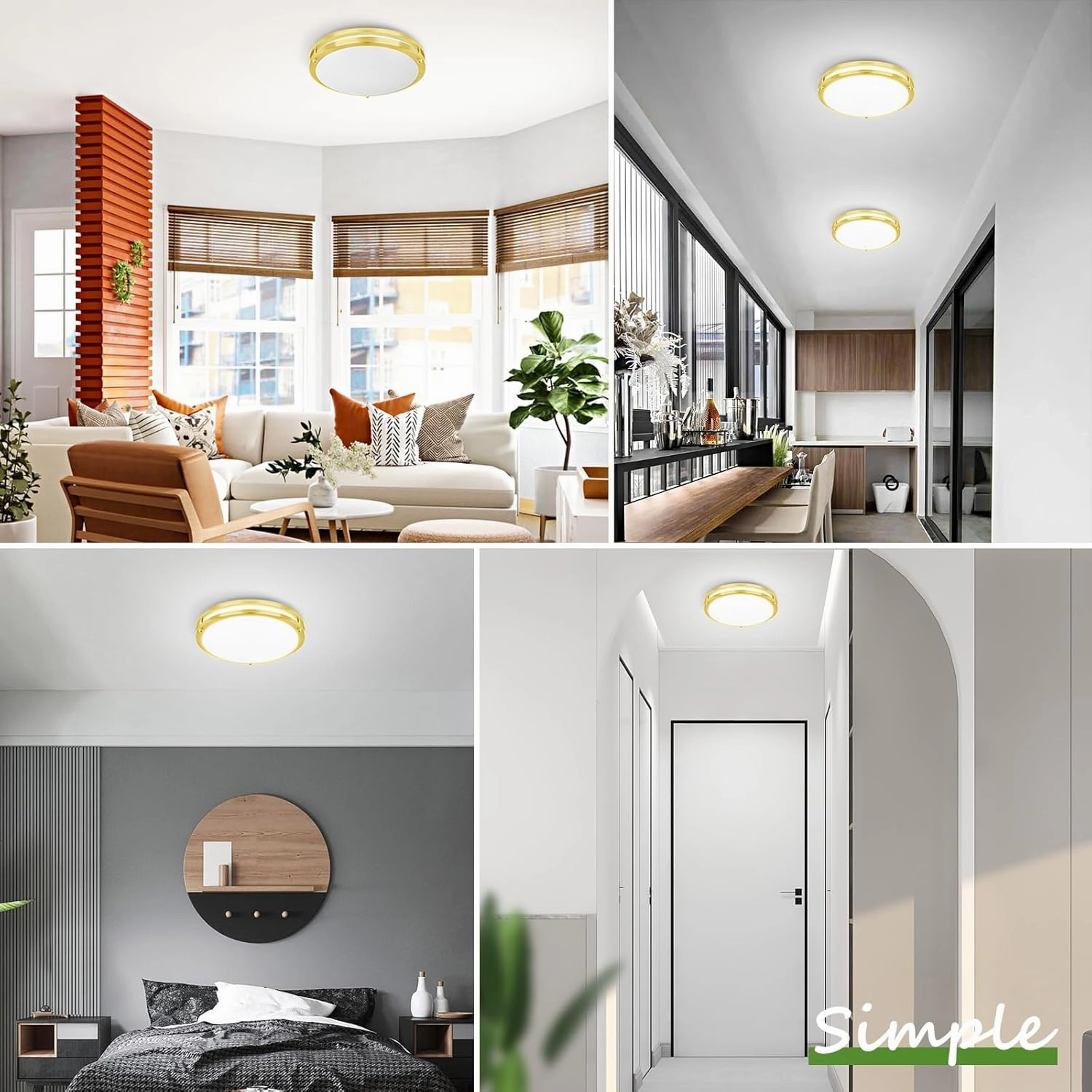 2-Pack Gold Flush Mount LED Ceiling Light Fixture, 12IN 2700K/3000K/3500K/4000K/5000K Adjustable Ceiling Lights, 3600lm Super Bright Dimmable Lighting for Bedroom Hallway Kitchen