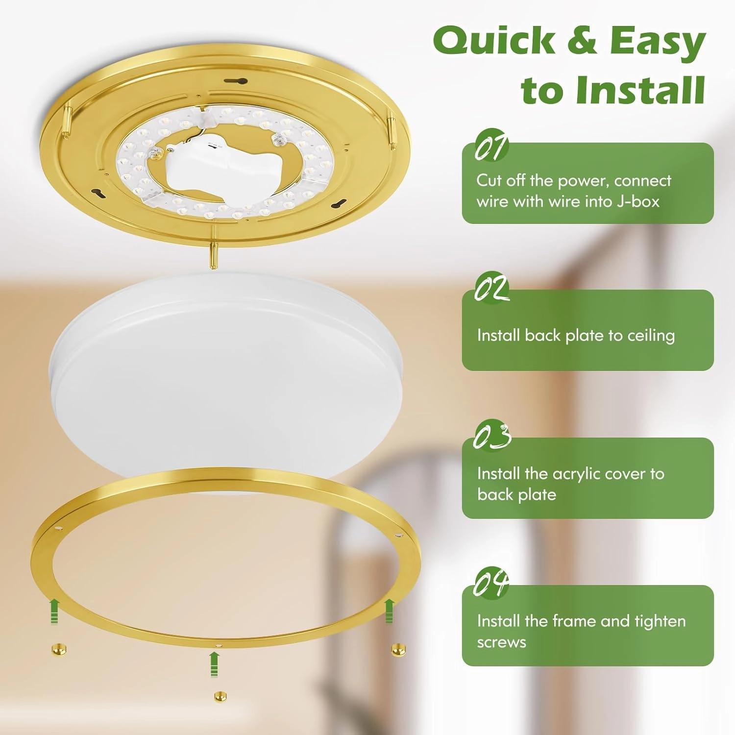 2-Pack Gold Flush Mount LED Ceiling Light Fixture, 12IN 2700K/3000K/3500K/4000K/5000K Adjustable Ceiling Lights, 3600lm Super Bright Dimmable Lighting for Bedroom Hallway Kitchen