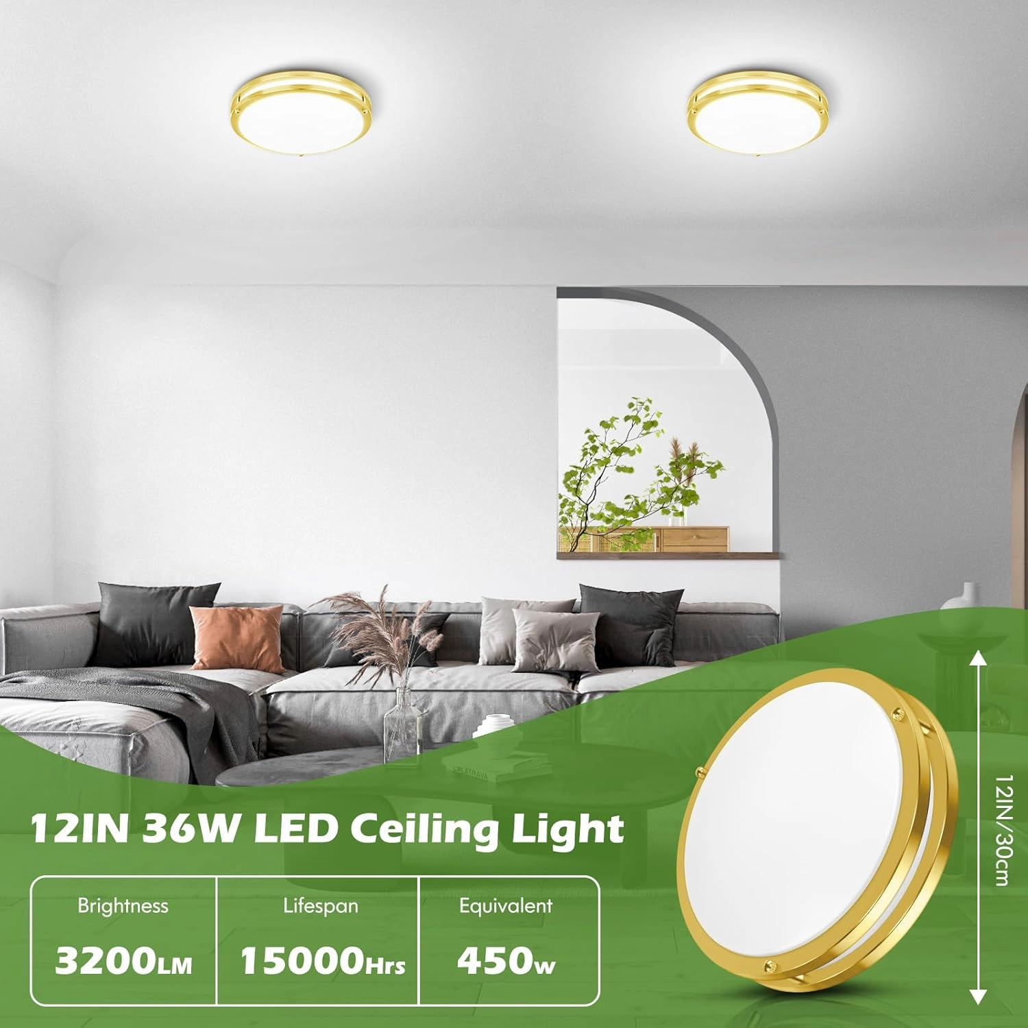 2-Pack Gold Flush Mount LED Ceiling Light Fixture, 12IN 2700K/3000K/3500K/4000K/5000K Adjustable Ceiling Lights, 3600lm Super Bright Dimmable Lighting for Bedroom Hallway Kitchen