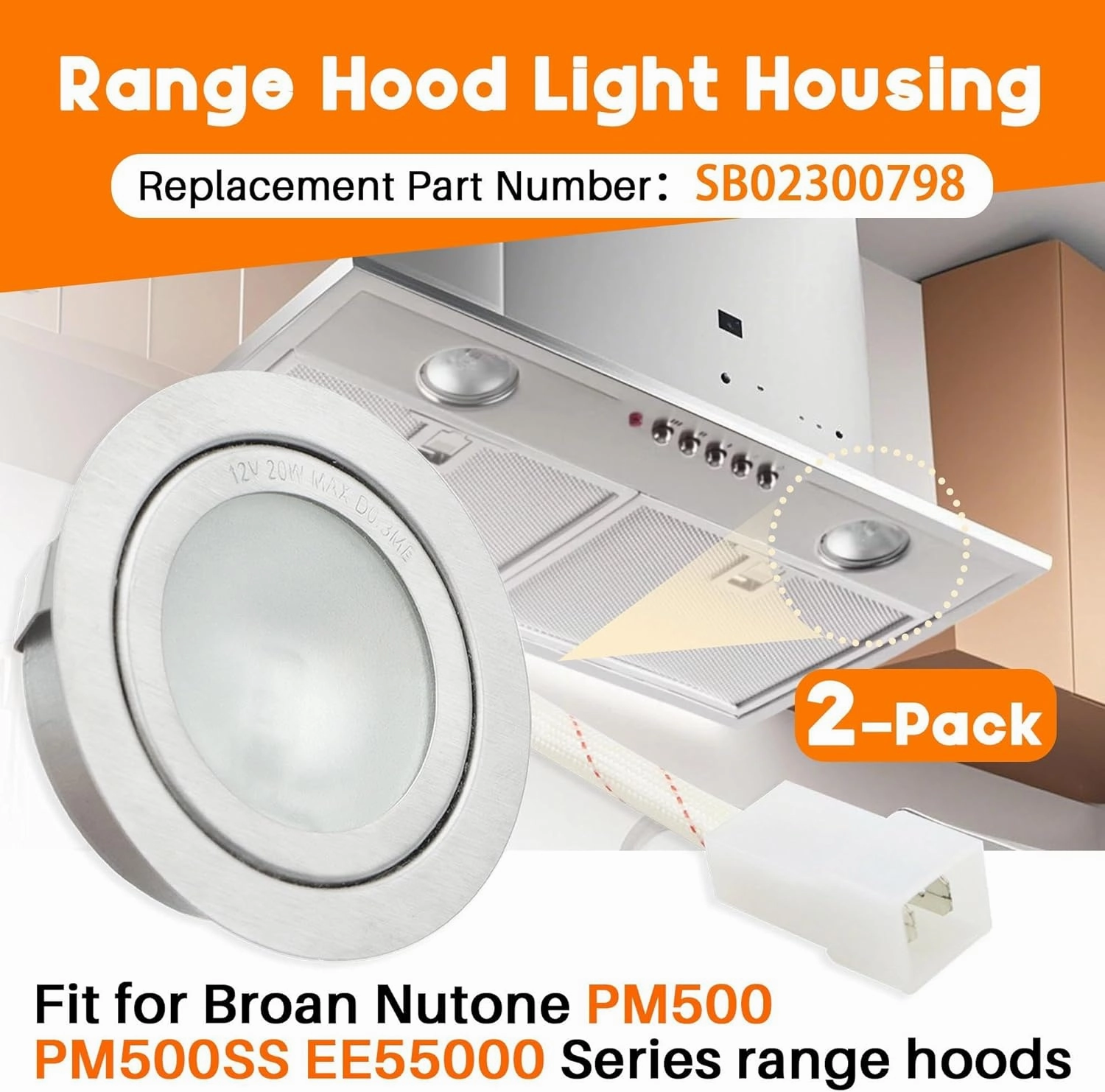 2 Pack SB02300798 Range Hood Light Housing for Broan NuTone PM500/PM500SS/EE55000 - LED Hood Light Bulb 12V 20W Frosted Glass & Stainless Steel
