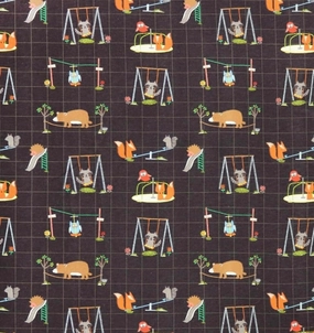 2 Yards of Flannel Fabric, 72"x43" Playground Animals Pattern Fabric, Dark Gray Background, Woodland Creatures on Swings and Slides