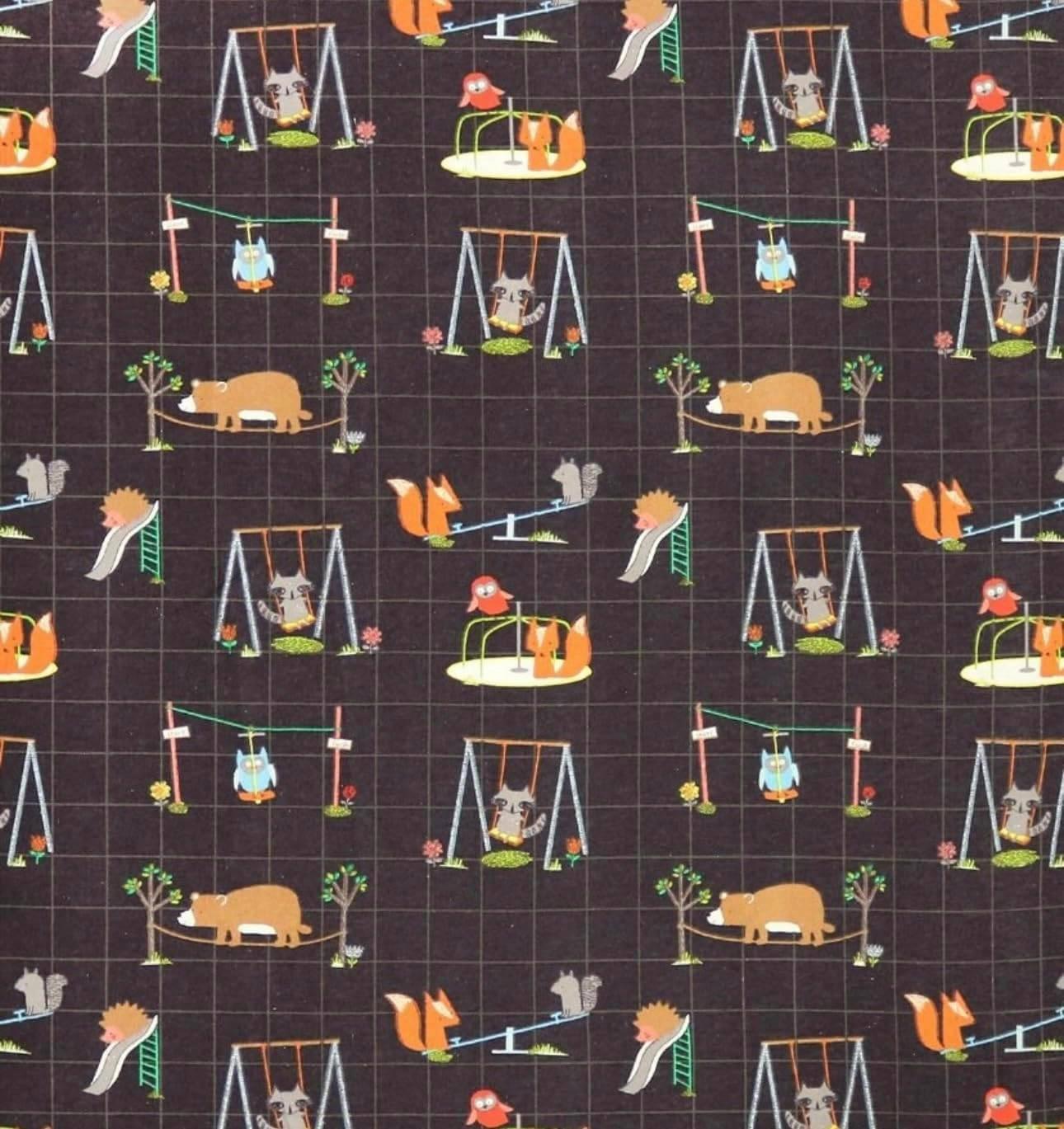 2 Yards of Flannel Fabric, 72"x43" Playground Animals Pattern Fabric, Dark Gray Background, Woodland Creatures on Swings and Slides