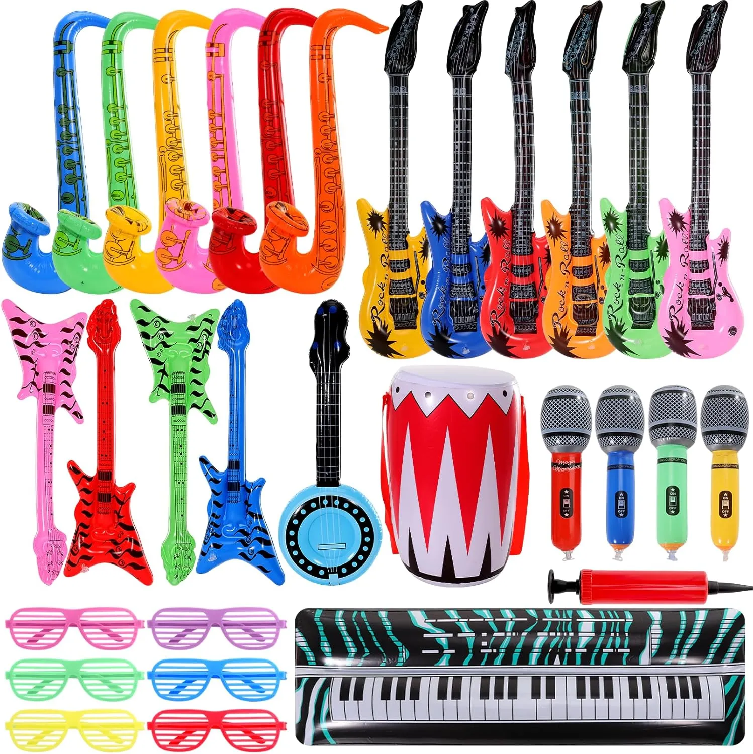 30 Pcs Inflatable Rock Star Toy Set,80s 90s Party Decorations Inflatable Party Props,Inflatable Guitar Microphone,Inflatable Piano,Saxophone Drum,Party Favors Rock and Roll Party Supplies