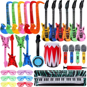 30 Pcs Inflatable Rock Star Toy Set,80s 90s Party Decorations Inflatable Party Props,Inflatable Guitar Microphone,Inflatable Piano,Saxophone Drum,Party Favors Rock and Roll Party Supplies