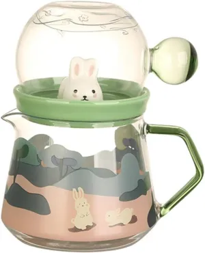 300ml/10oz Home Creative Rabbit Pattern Cold Water Pot Set Transparent High Borosilicate Glass Pot-Spring Outing Rabbit Cup Set