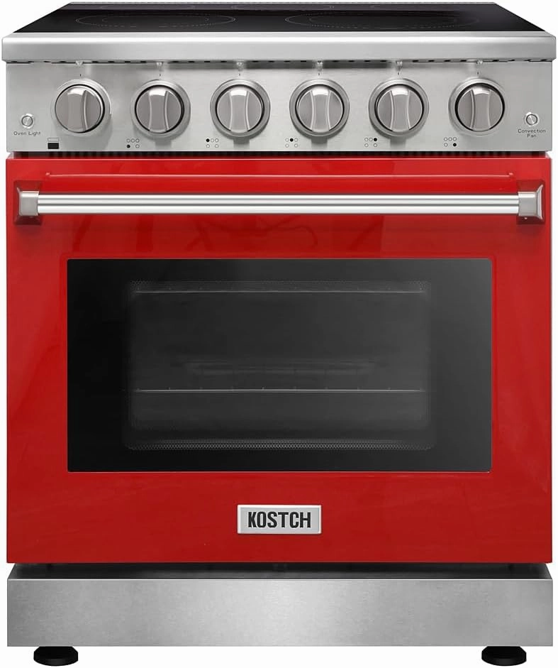 30 inch Professional Electric Range with 5 Heating Elements Cooktop, 4.55 Cu. Ft. Convection Oven Capacity, Smooth Glass Top, in Stainless Steel, KOS-30RE06H (Red)