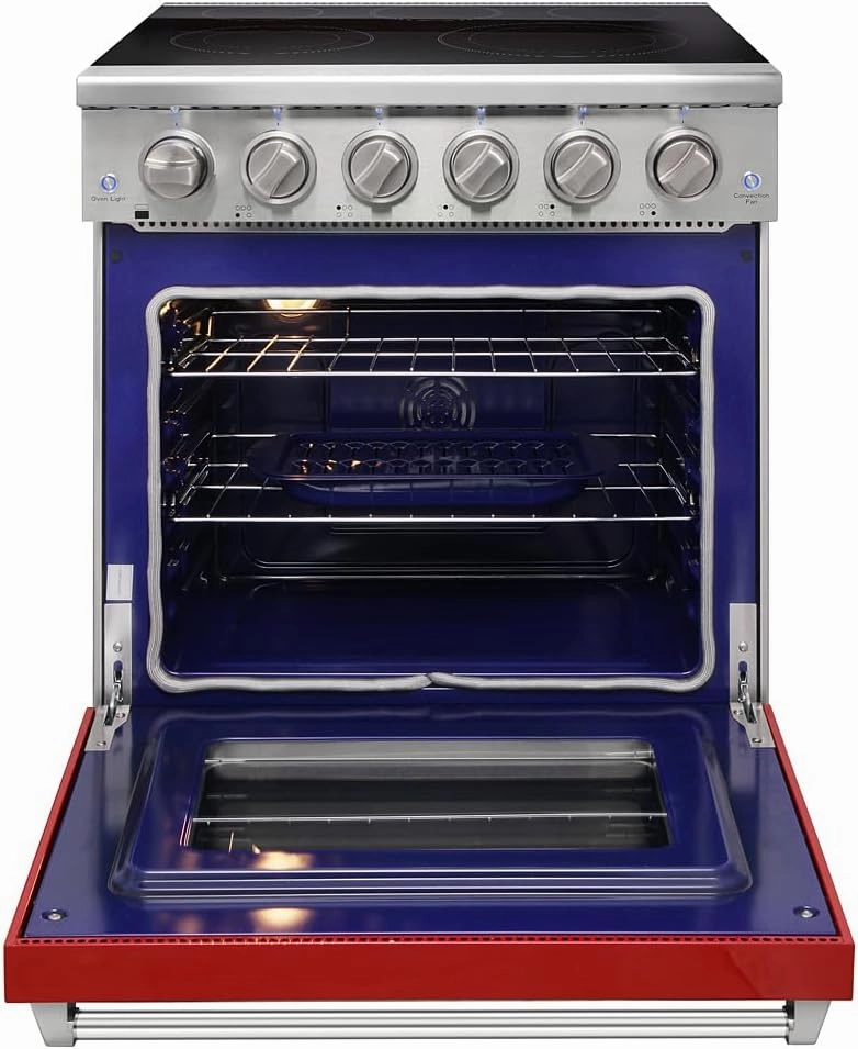 30 inch Professional Electric Range with 5 Heating Elements Cooktop, 4.55 Cu. Ft. Convection Oven Capacity, Smooth Glass Top, in Stainless Steel, KOS-30RE06H (Red)