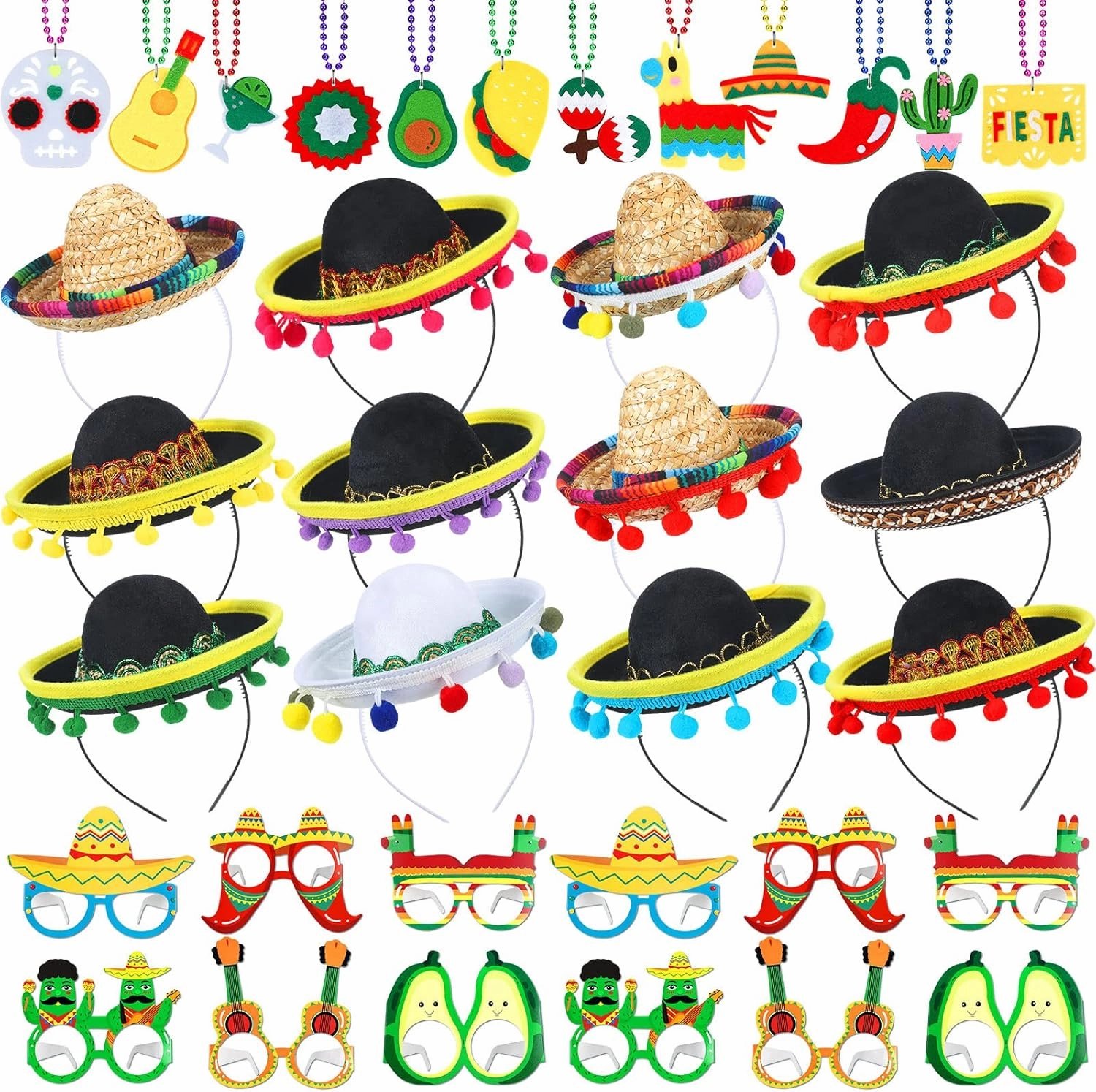 36 Pcs Cinco De Mayo Supplies Set, 12 Sombrero Headbands Mini Sombrero Hats 12 Mexican Themed Paper Eyeglasses 12 Cinco De Mayo Necklaces for Mexican Decorations