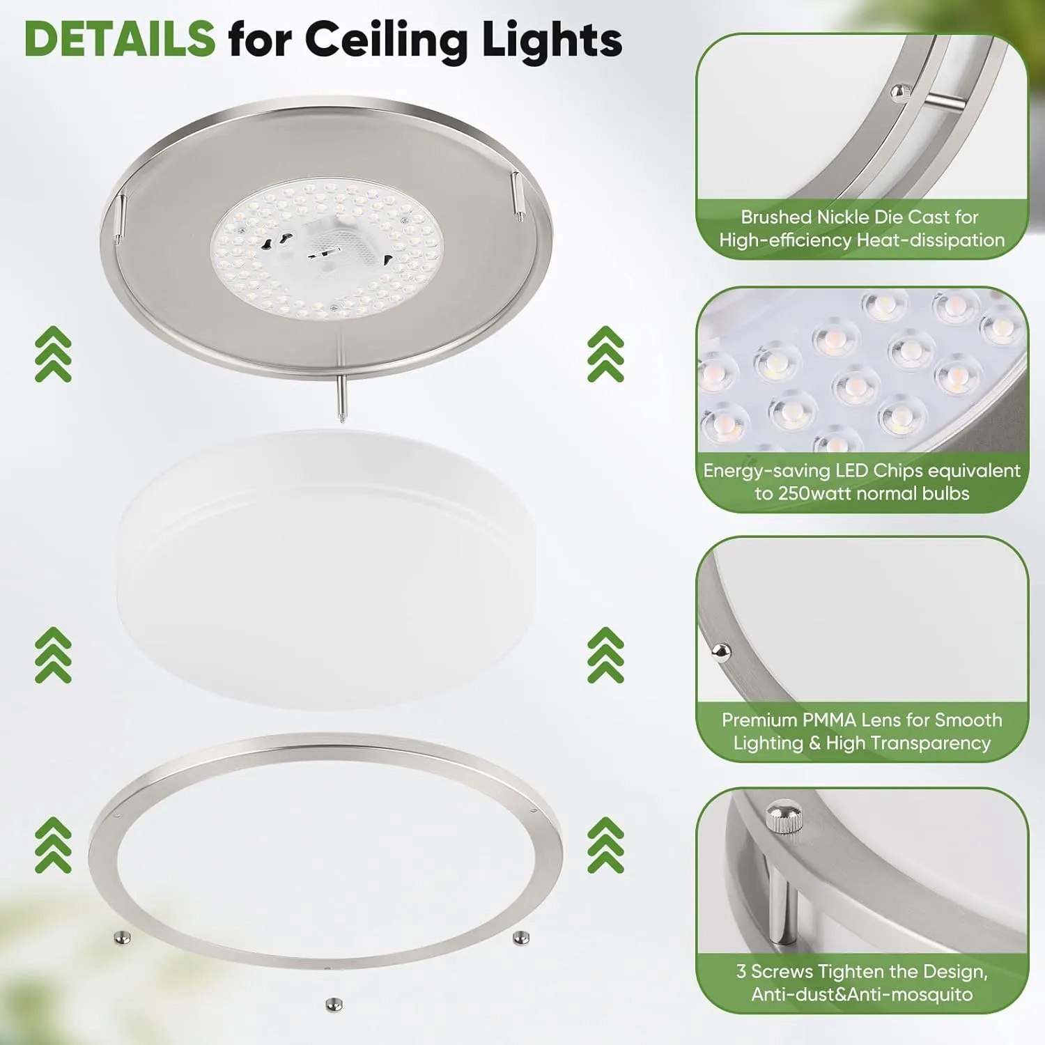 36W LED Flush Mount Ceiling Light Fixture, 13inch LED Ceiling Light 3600LM, Modern Ceiling Light 2700K/3000K/4000K/5000K/6500K 5CCT, Brushed Nickle Dimmable Ceiling Lamp for Living Room Kitchen,1 Pack