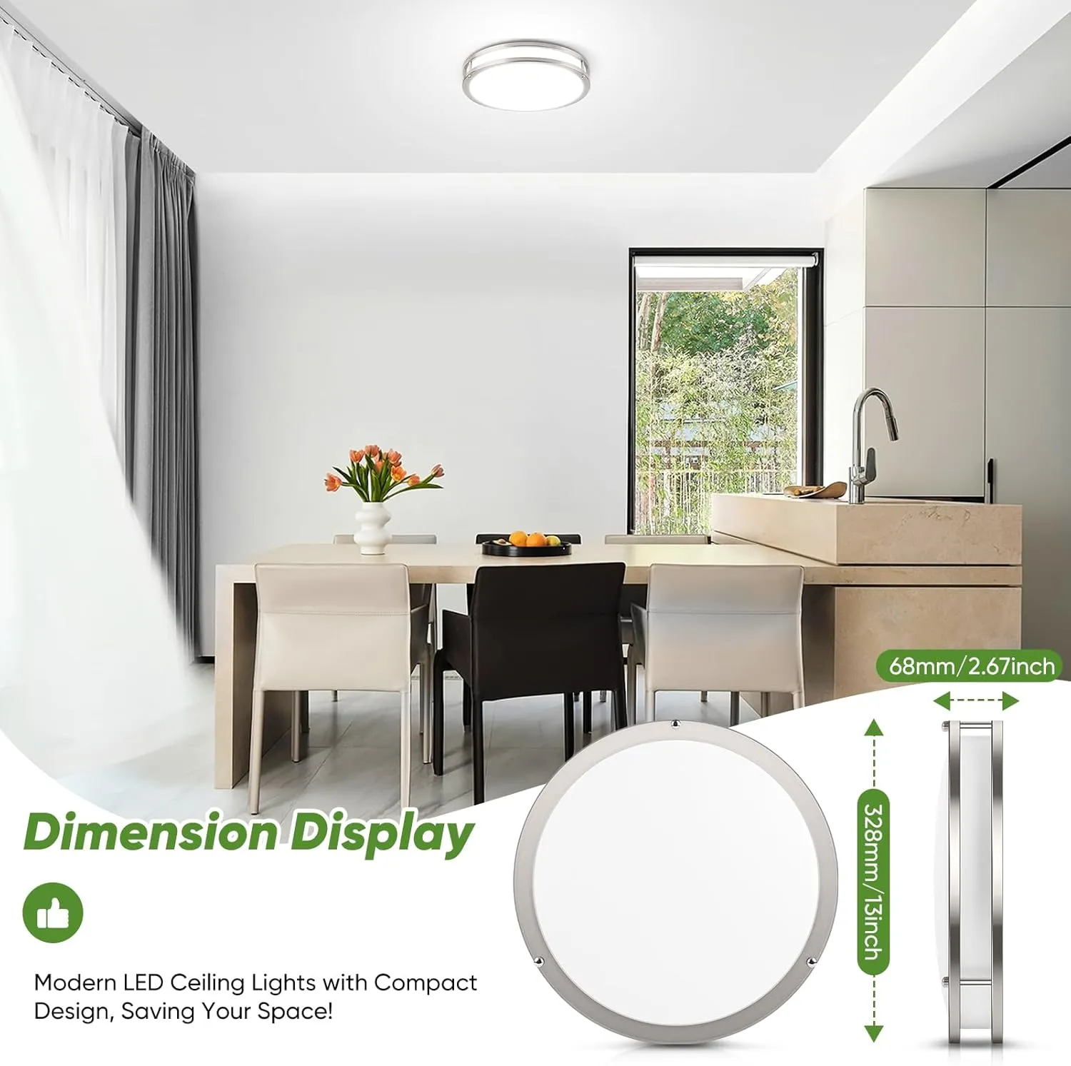 36W LED Flush Mount Ceiling Light Fixture, 13inch LED Ceiling Light 3600LM, Modern Ceiling Light 2700K/3000K/4000K/5000K/6500K 5CCT, Brushed Nickle Dimmable Ceiling Lamp for Living Room Kitchen,1 Pack