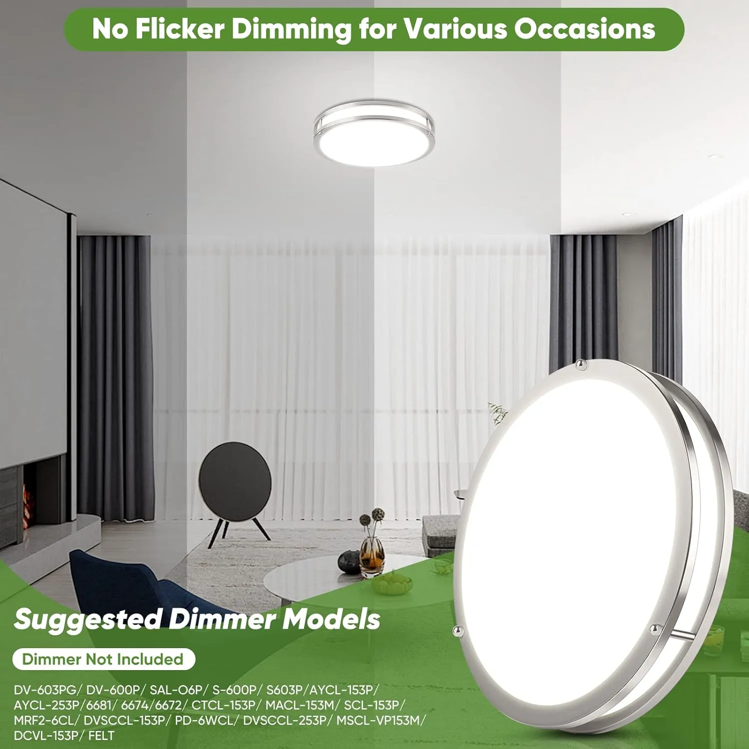 36W LED Flush Mount Ceiling Light Fixture, 13inch LED Ceiling Light 3600LM, Modern Ceiling Light 2700K/3000K/4000K/5000K/6500K 5CCT, Brushed Nickle Dimmable Ceiling Lamp for Living Room Kitchen,1 Pack