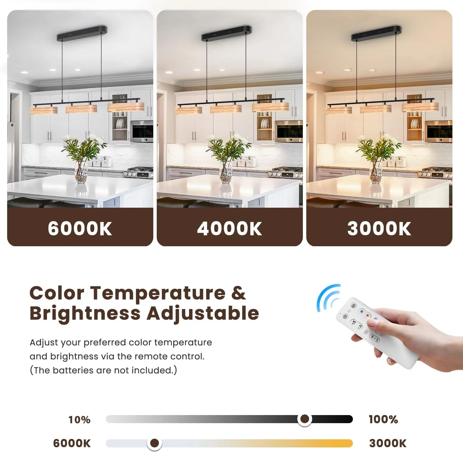 37.6" Linear Kitchen Island Lighting, 28W Wood Farmhouse Chandelier Dining Room Light Fixture, 3-Light Rustic Dimmable Pendant Lights for Kitchen Island Over Table